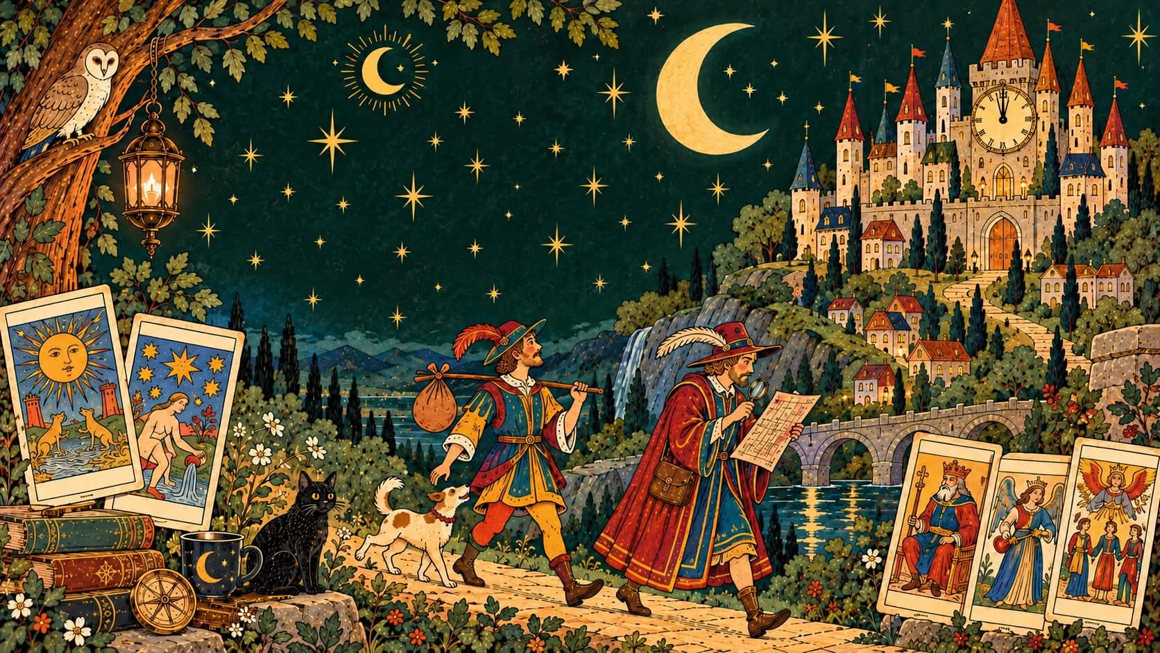 c308107f-0da1-42b2-bc5a-86df084668b8 Le Fou et le Bateleur marchent vers le château à minuit, illustration du conte Le grand mystère de minuit.